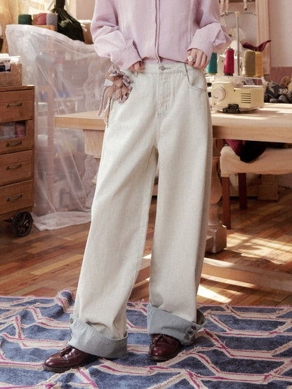 Loose Grayish White Cotton Curved Cuff Jeans【s0000018607】