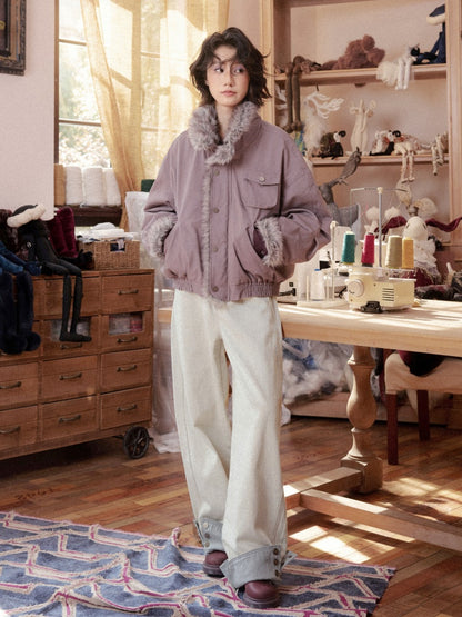 Loose Grayish White Cotton Curved Cuff Jeans【s0000018607】