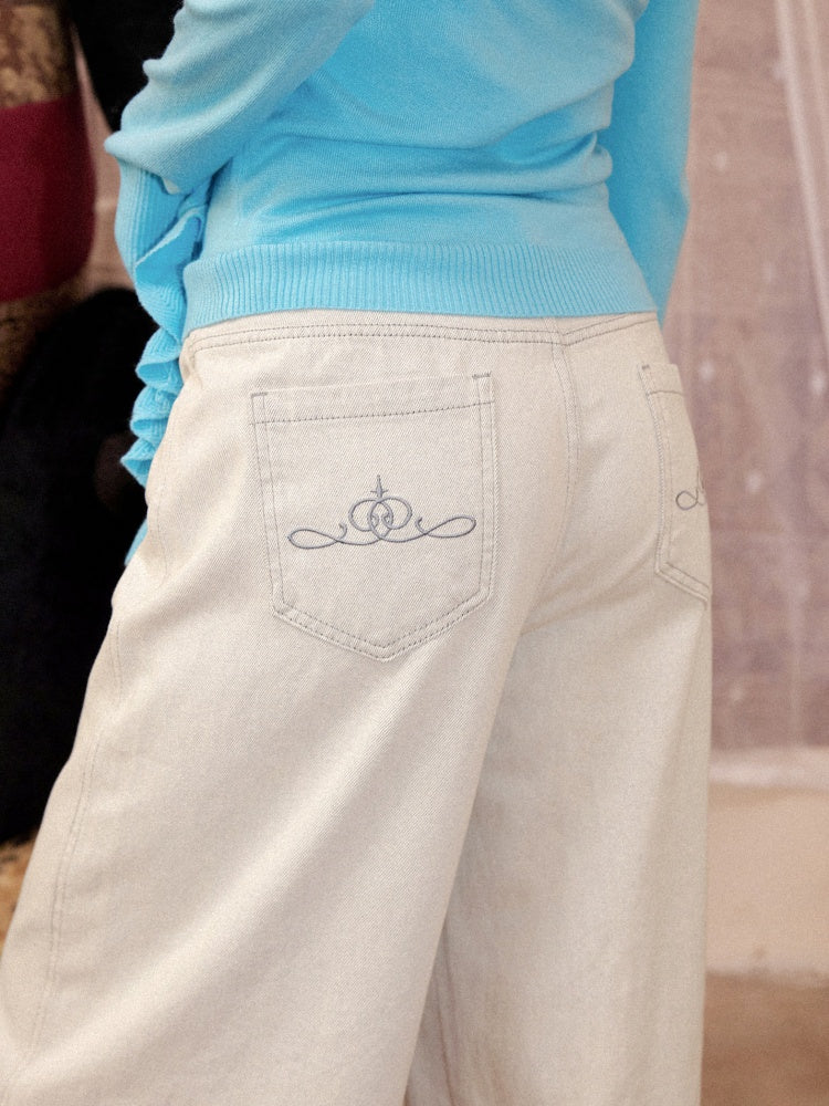 Loose Grayish White Cotton Curved Cuff Jeans【s0000018607】
