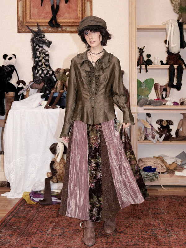 Vintage Loose Velvet Lace Patchwork A-Line Long Skirt【s0000018608】