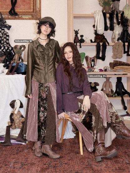 Vintage Loose Velvet Lace Patchwork A-Line Long Skirt【s0000018608】