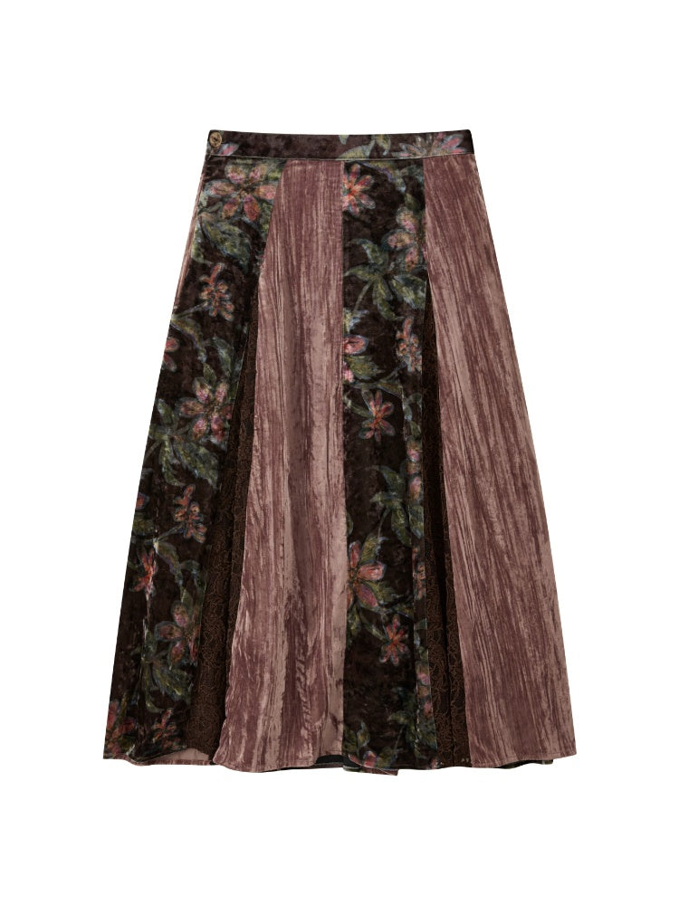 Vintage Loose Velvet Lace Patchwork A-Line Long Skirt【s0000018608】