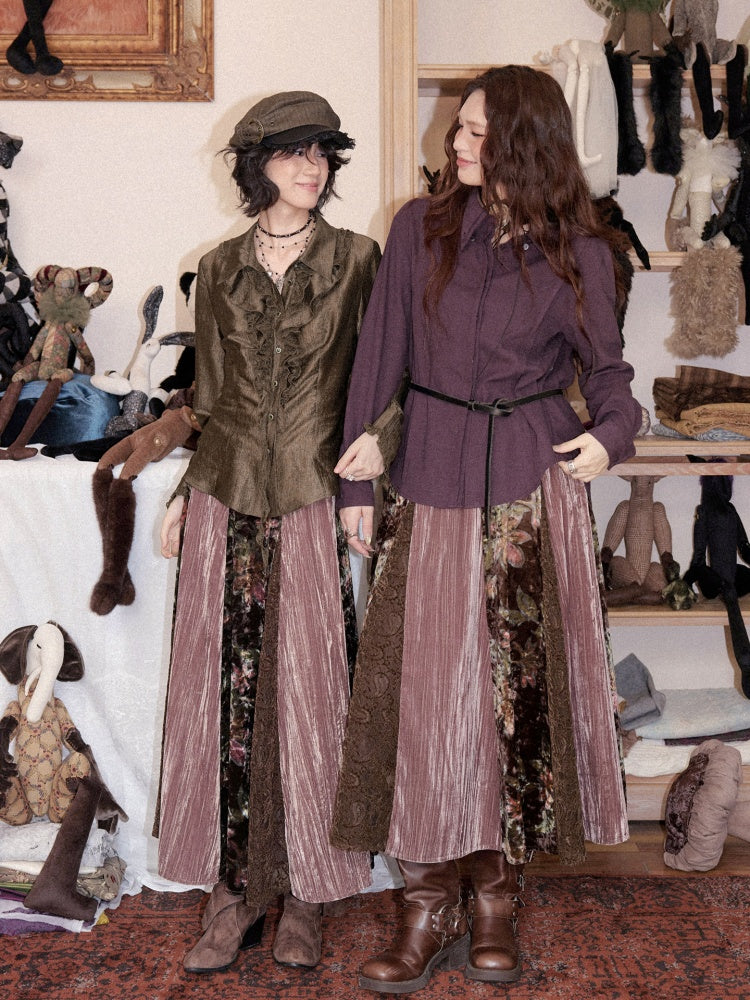 Vintage Loose Velvet Lace Patchwork A-Line Long Skirt【s0000018608】