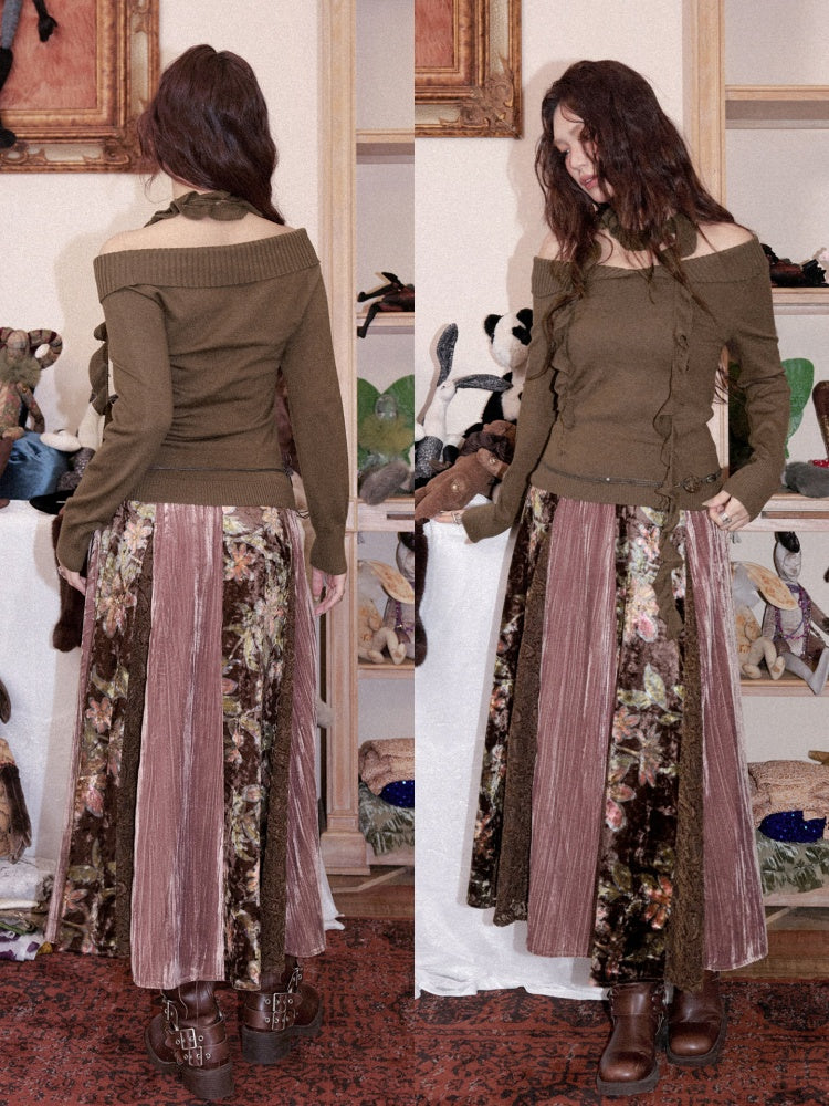 Vintage Loose Velvet Lace Patchwork A-Line Long Skirt【s0000018608】