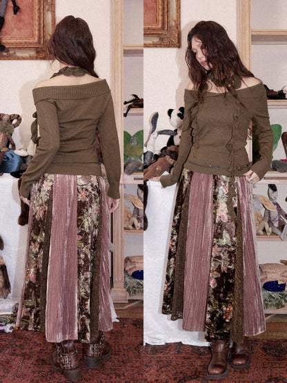 Vintage Loose Velvet Lace Patchwork A-Line Long Skirt【s0000018608】