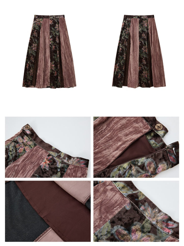 Vintage Loose Velvet Lace Patchwork A-Line Long Skirt【s0000018608】