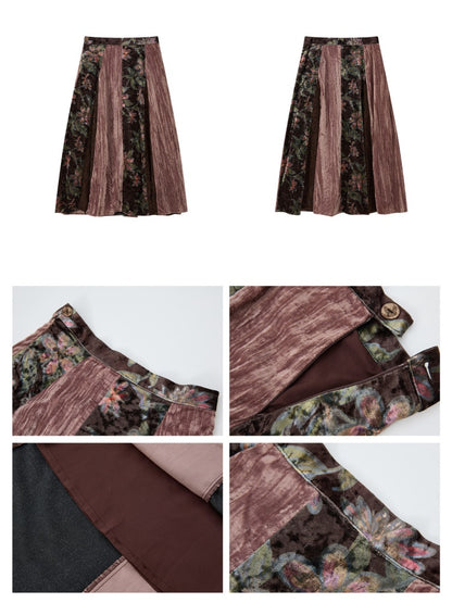 Vintage Loose Velvet Lace Patchwork A-Line Long Skirt【s0000018608】
