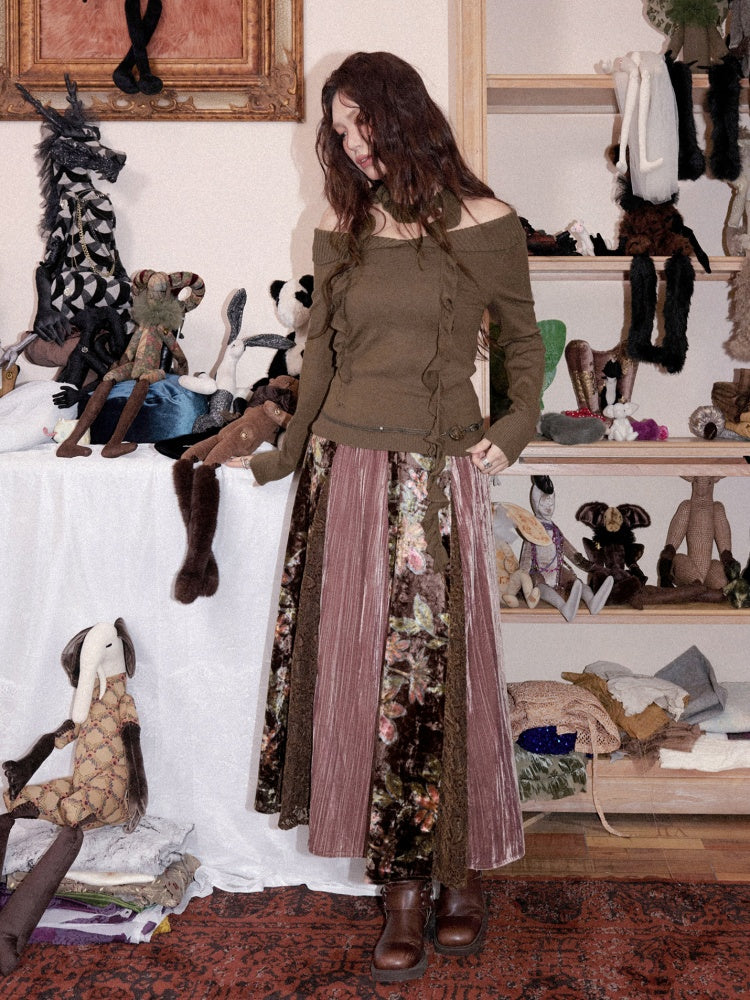 Vintage Loose Velvet Lace Patchwork A-Line Long Skirt【s0000018608】