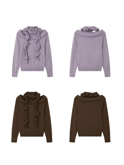 Flanged Off-Shoulder Slim Pullover Woolen Long-Sleeve T-Shirt【s0000018609】