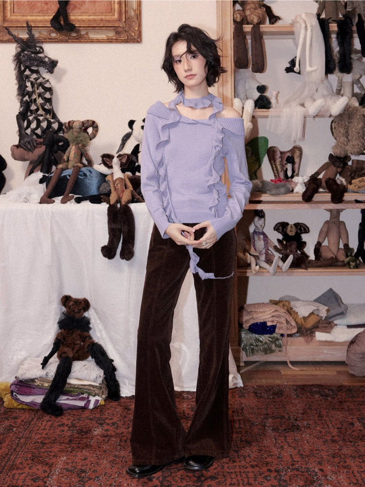 Flanged Off-Shoulder Slim Pullover Woolen Long-Sleeve T-Shirt【s0000018609】