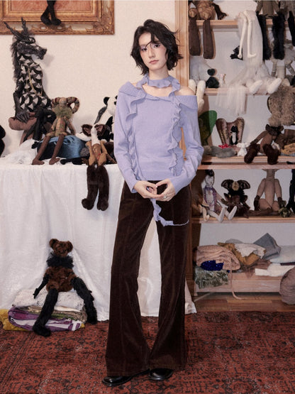 Flanged Off-Shoulder Slim Pullover Woolen Long-Sleeve T-Shirt【s0000018609】