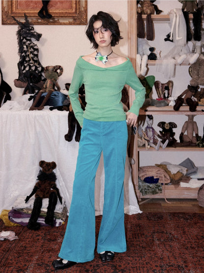 Flanged Off-Shoulder Slim Pullover Woolen Long-Sleeve T-Shirt【s0000018609】