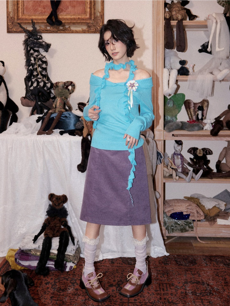 Flanged Off-Shoulder Slim Pullover Woolen Long-Sleeve T-Shirt【s0000018609】