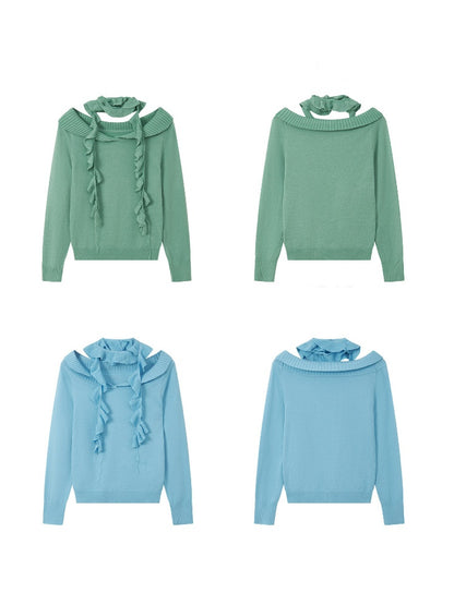 Flanged Off-Shoulder Slim Pullover Woolen Long-Sleeve T-Shirt【s0000018609】