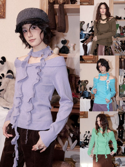 Flanged Off-Shoulder Slim Pullover Woolen Long-Sleeve T-Shirt【s0000018609】
