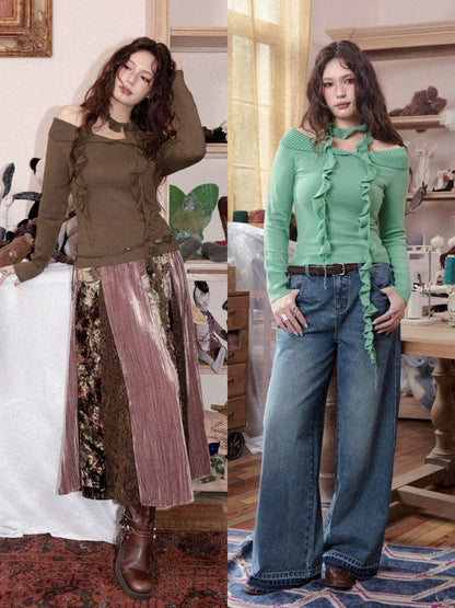 Flanged Off-Shoulder Slim Pullover Woolen Long-Sleeve T-Shirt【s0000018609】