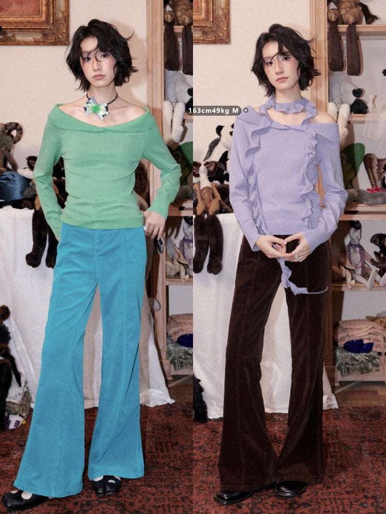 Flanged Off-Shoulder Slim Pullover Woolen Long-Sleeve T-Shirt【s0000018609】