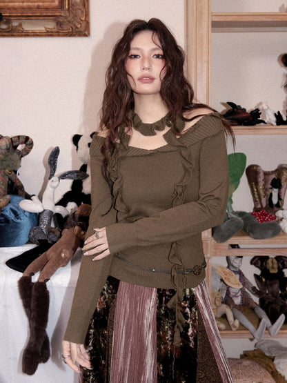 Flanged Off-Shoulder Slim Pullover Woolen Long-Sleeve T-Shirt【s0000018609】