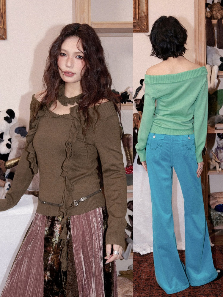 Flanged Off-Shoulder Slim Pullover Woolen Long-Sleeve T-Shirt【s0000018609】