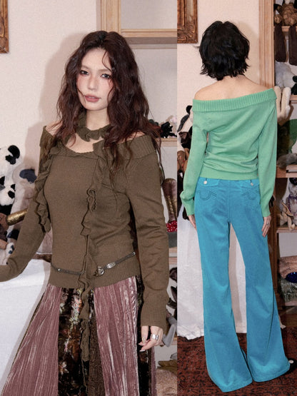 Flanged Off-Shoulder Slim Pullover Woolen Long-Sleeve T-Shirt【s0000018609】