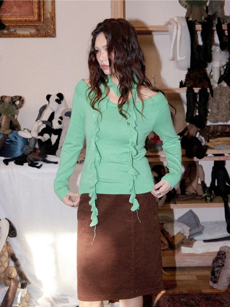 Flanged Off-Shoulder Slim Pullover Woolen Long-Sleeve T-Shirt【s0000018609】