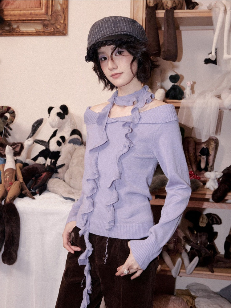 Flanged Off-Shoulder Slim Pullover Woolen Long-Sleeve T-Shirt【s0000018609】