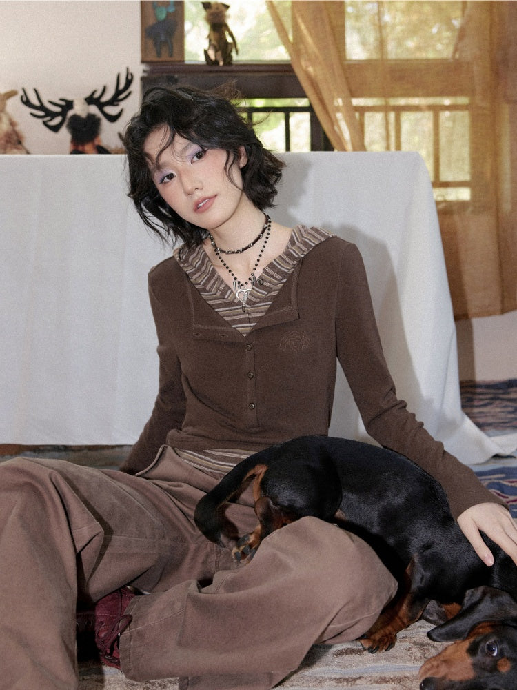 Lyocell High-Elastic Skin-Friendly Fake Two-Piece Striped Color-Block Long-Sleeve Base Layer【s0000018610】