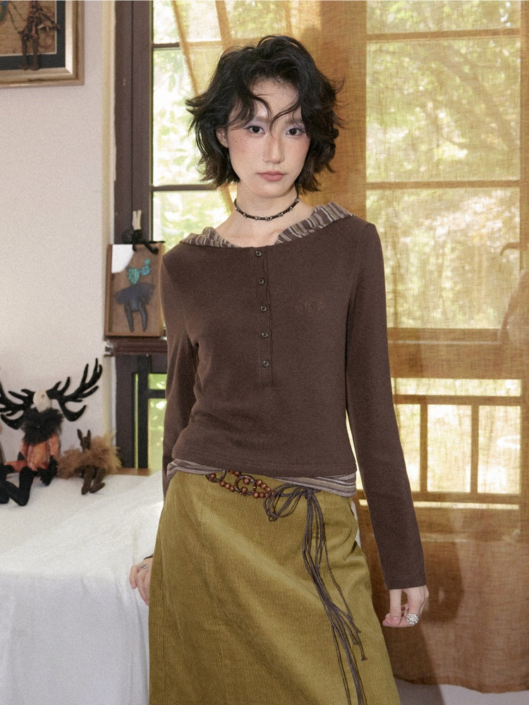 Lyocell High-Elastic Skin-Friendly Fake Two-Piece Striped Color-Block Long-Sleeve Base Layer【s0000018610】