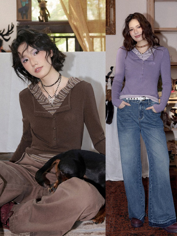 Lyocell High-Elastic Skin-Friendly Fake Two-Piece Striped Color-Block Long-Sleeve Base Layer【s0000018610】