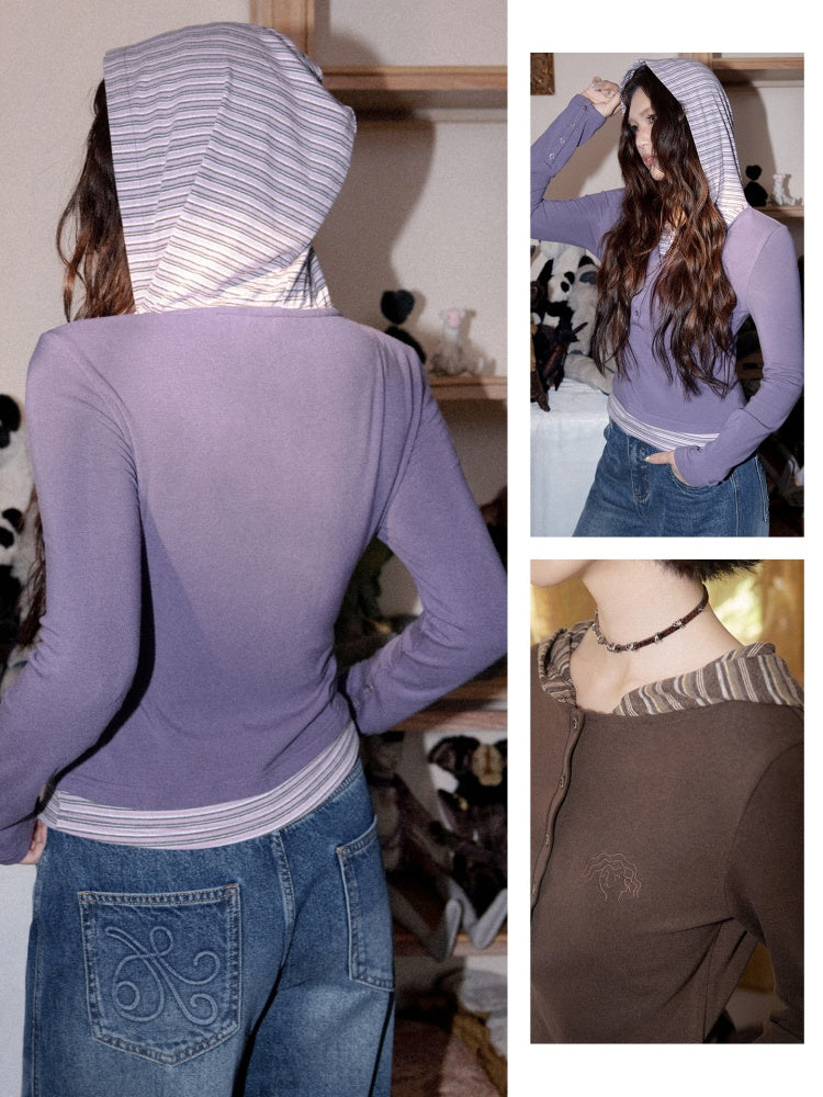 Lyocell High-Elastic Skin-Friendly Fake Two-Piece Striped Color-Block Long-Sleeve Base Layer【s0000018610】