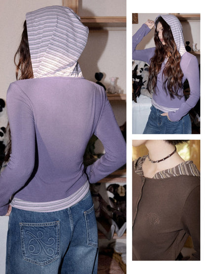 Lyocell High-Elastic Skin-Friendly Fake Two-Piece Striped Color-Block Long-Sleeve Base Layer【s0000018610】