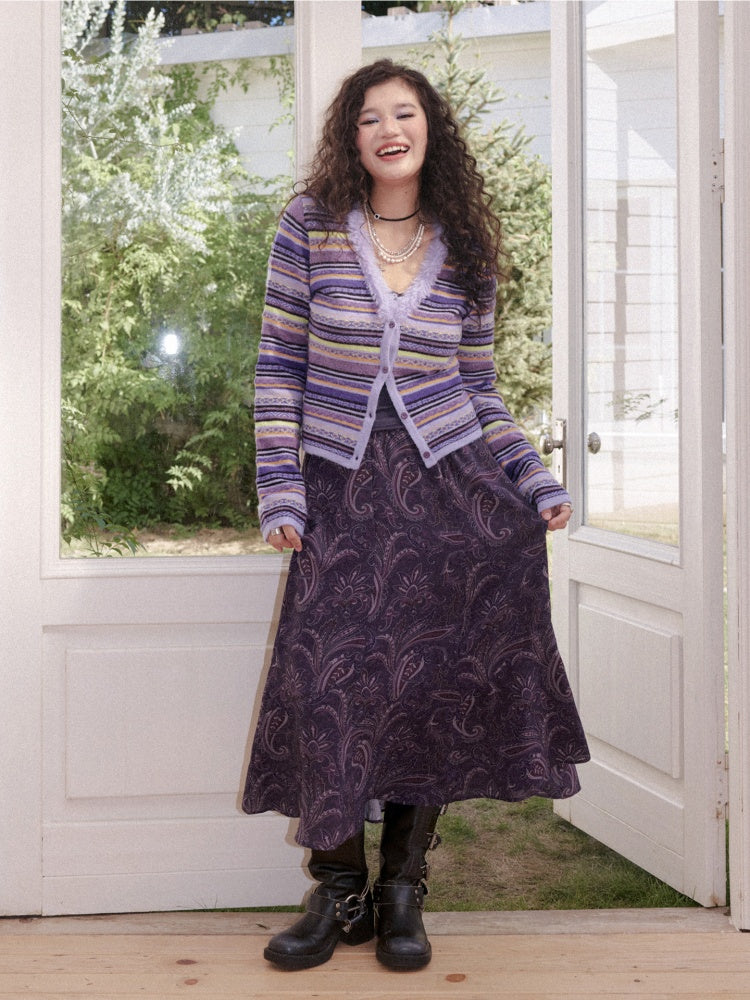 Vintage Colorful Striped V-Neck Long-Sleeve Sweater Cardigan【s0000018611】