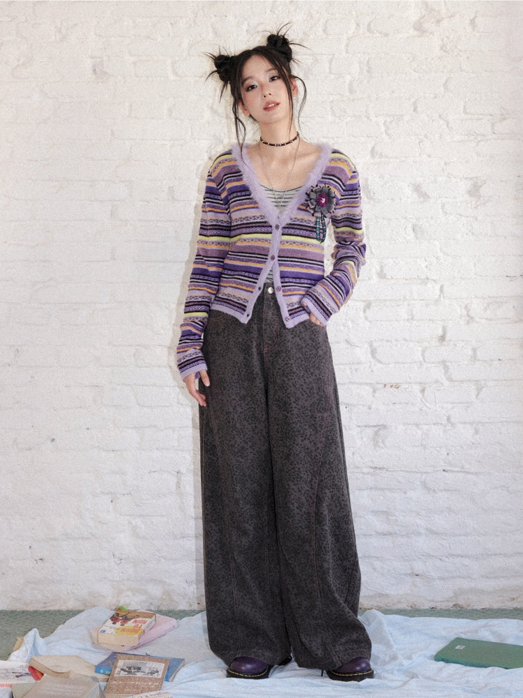 Vintage Colorful Striped V-Neck Long-Sleeve Sweater Cardigan【s0000018611】