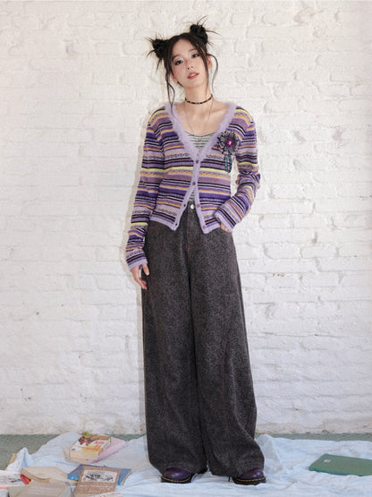 Vintage Colorful Striped V-Neck Long-Sleeve Sweater Cardigan【s0000018611】