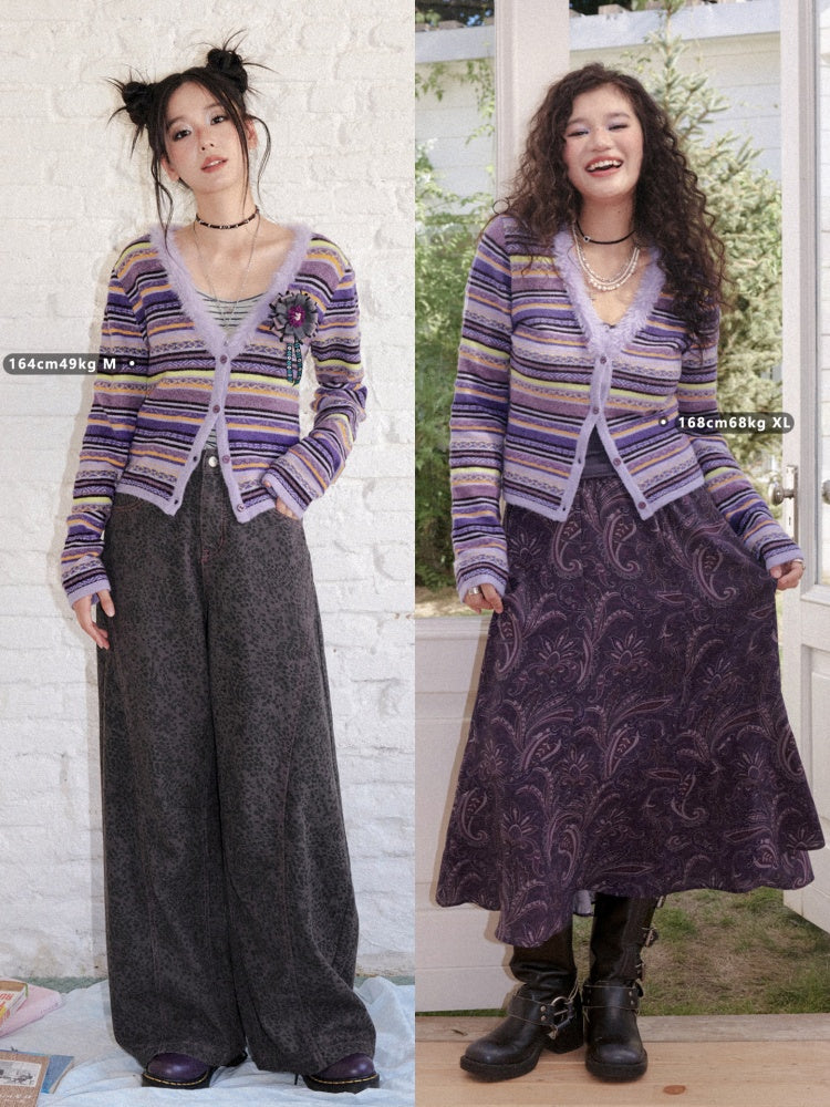 Vintage Colorful Striped V-Neck Long-Sleeve Sweater Cardigan【s0000018611】