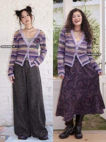 Vintage Colorful Striped V-Neck Long-Sleeve Sweater Cardigan【s0000018611】