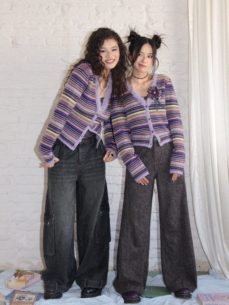 Vintage Colorful Striped V-Neck Long-Sleeve Sweater Cardigan【s0000018611】