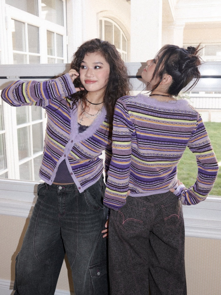 Vintage Colorful Striped V-Neck Long-Sleeve Sweater Cardigan【s0000018611】