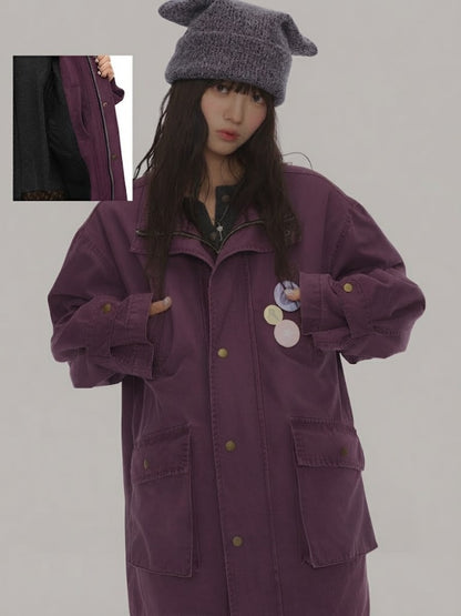 Vintage Purple Distressed Quilted Mid-Length Work Cotton Jacket【s0000018613】