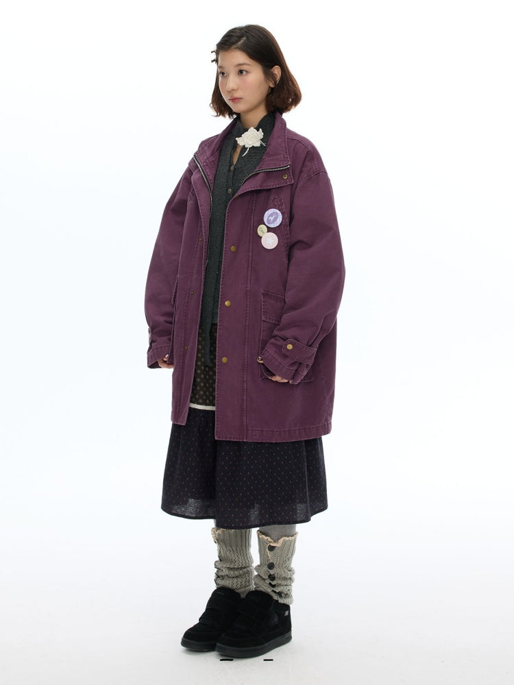 Vintage Purple Distressed Quilted Mid-Length Work Cotton Jacket【s0000018613】