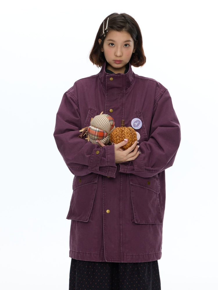 Vintage Purple Distressed Quilted Mid-Length Work Cotton Jacket【s0000018613】