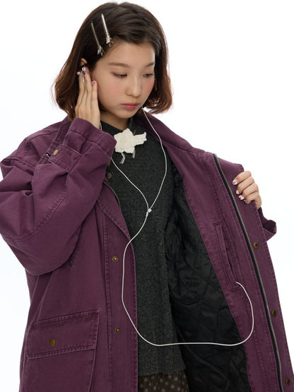 Vintage Purple Distressed Quilted Mid-Length Work Cotton Jacket【s0000018613】