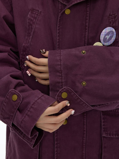 Vintage Purple Distressed Quilted Mid-Length Work Cotton Jacket【s0000018613】