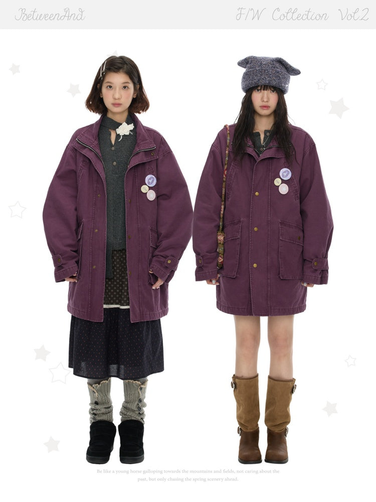 Vintage Purple Distressed Quilted Mid-Length Work Cotton Jacket【s0000018613】
