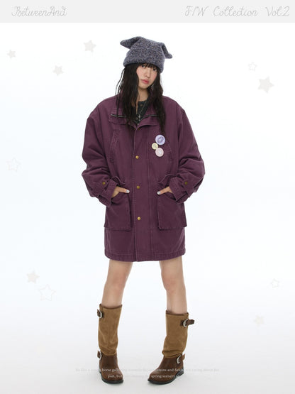 Vintage Purple Distressed Quilted Mid-Length Work Cotton Jacket【s0000018613】