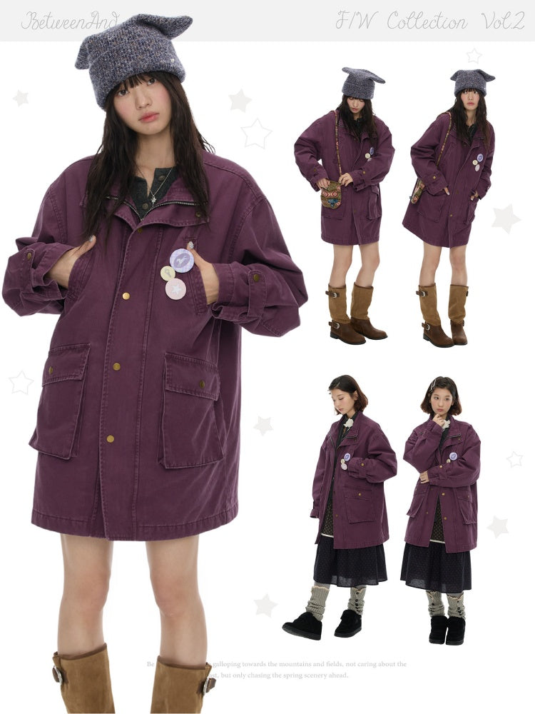 Vintage Purple Distressed Quilted Mid-Length Work Cotton Jacket【s0000018613】