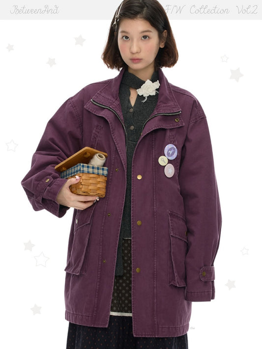 Vintage Purple Distressed Quilted Mid-Length Work Cotton Jacket【s0000018613】