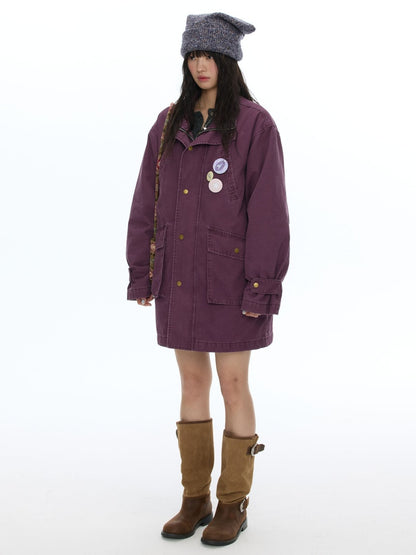 Vintage Purple Distressed Quilted Mid-Length Work Cotton Jacket【s0000018613】