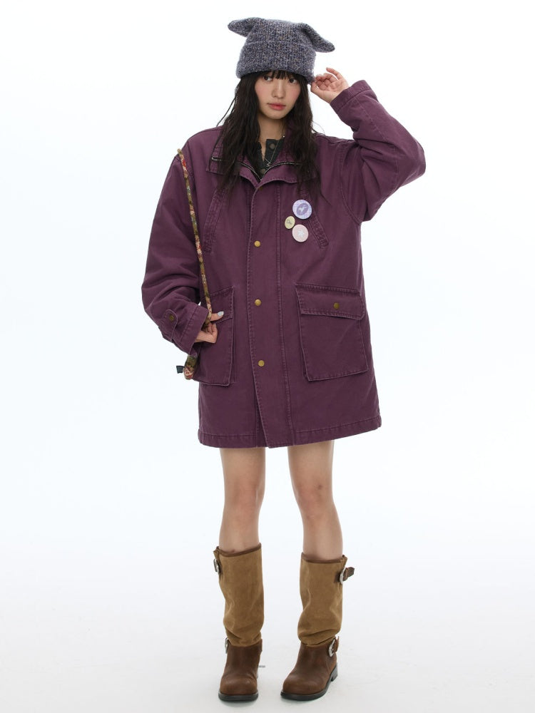 Vintage Purple Distressed Quilted Mid-Length Work Cotton Jacket【s0000018613】
