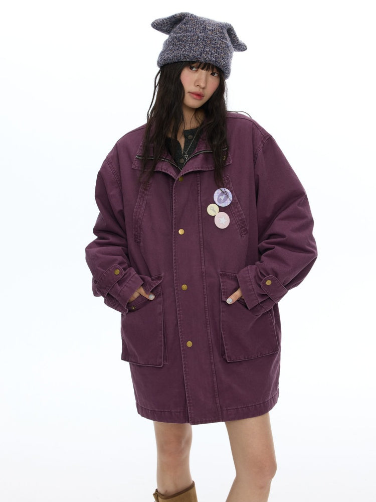 Vintage Purple Distressed Quilted Mid-Length Work Cotton Jacket【s0000018613】